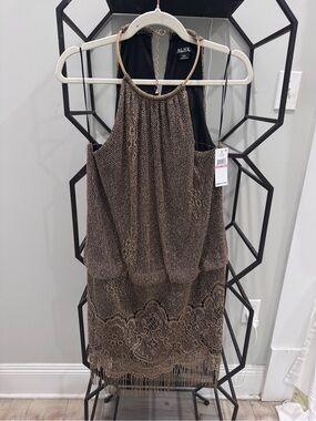 SLNY Metallic Bronze Beaded Halter Dress 12p